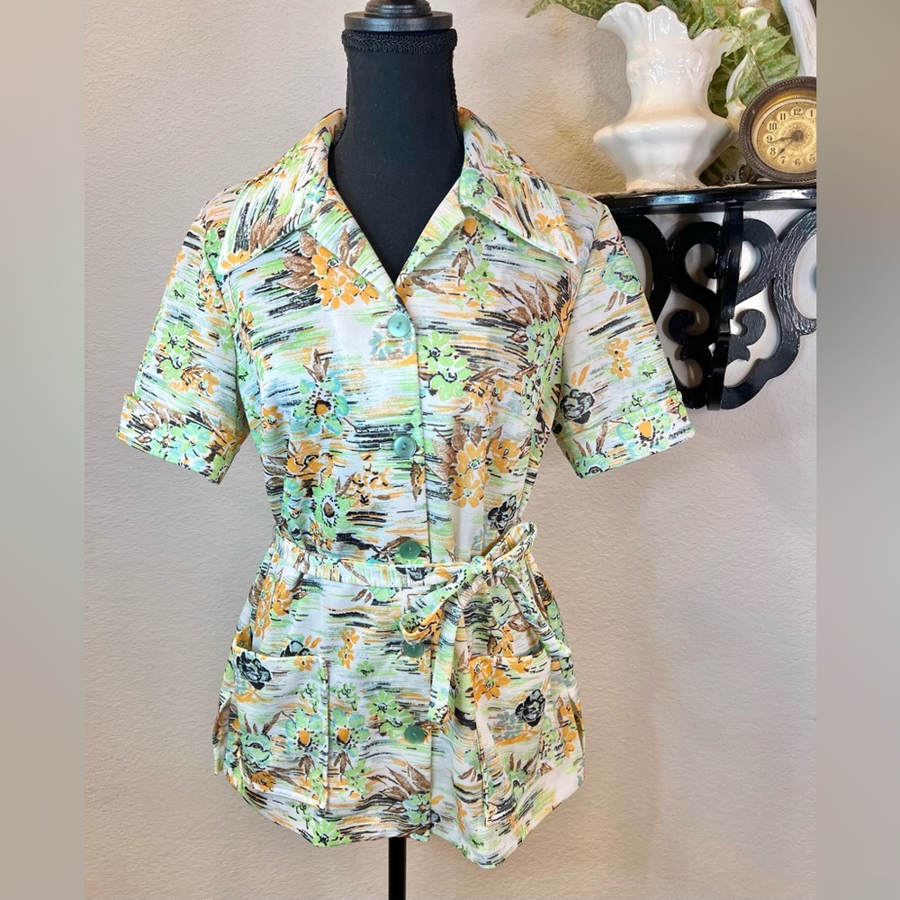 Channel 1 Bill Sims Vintage 1960s MCM Teal Orange Floral Button Up Belted Blouse